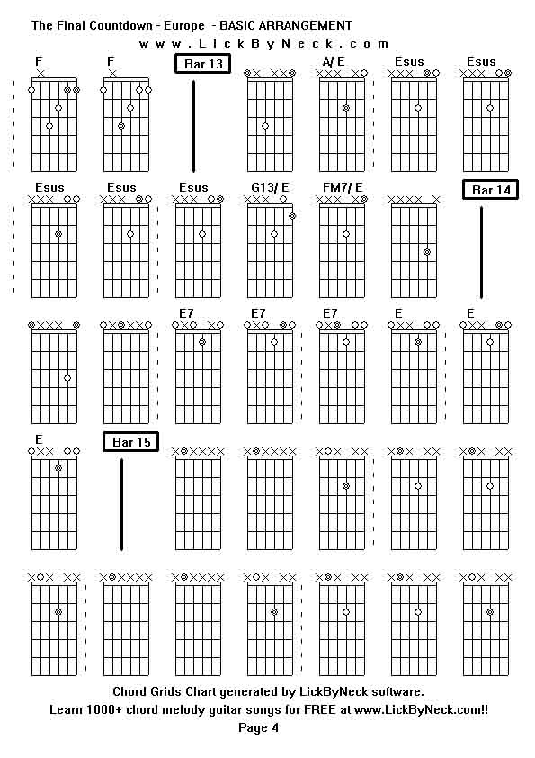 Chord Grids Chart of chord melody fingerstyle guitar song-The Final Countdown - Europe  - BASIC ARRANGEMENT,generated by LickByNeck software.